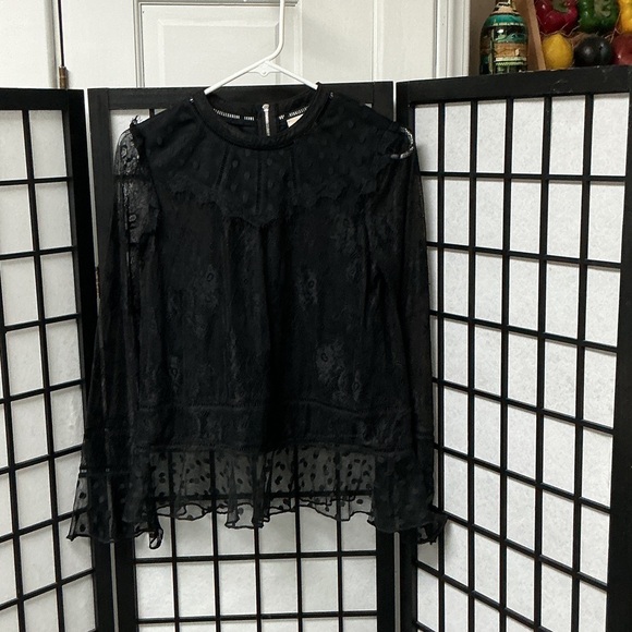 Tops - Sheer Lace Long-Sleeve Blouse - Black